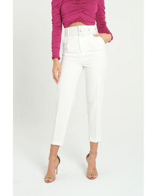 Hiccup White High Waist Tapered Trousers With A Belt Detail