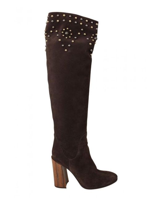 Dolce & Gabbana Brown Suede Studded Knee High Shoes Boots Leather