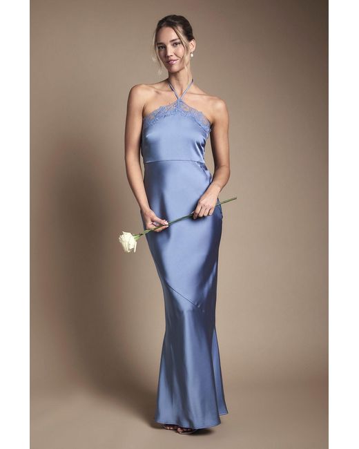 Oasis Blue Lace Trim Halter Satin Maxi Bridesmaid Dress