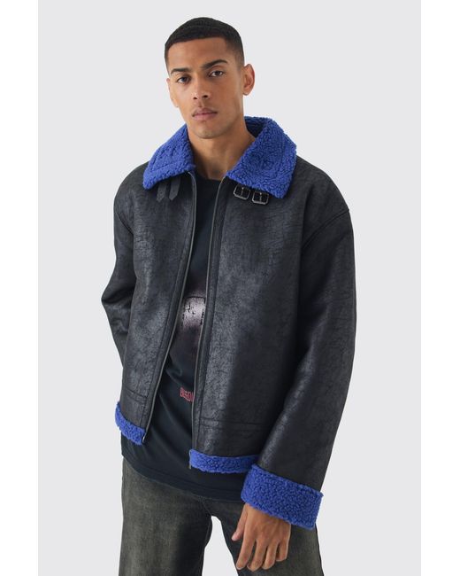 BoohooMAN Blue Extreme Oversized Faux Suede Aviator Jacket In Black for men