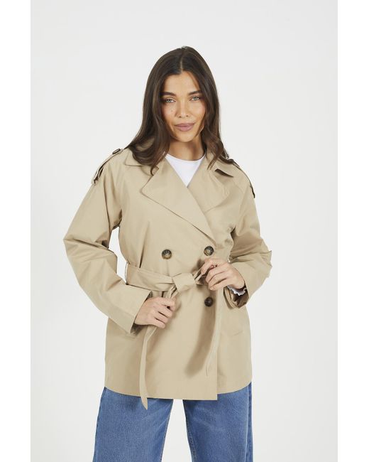 Brave Soul Natural Double Breasted Short Mac With Self Tie Belt