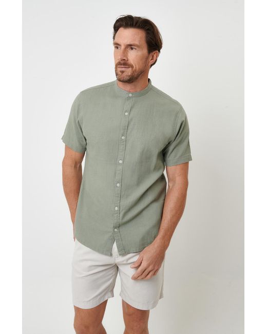 Threadbare Green Pale Grandad Collar Linen Blend Short Sleeve Shirt for men