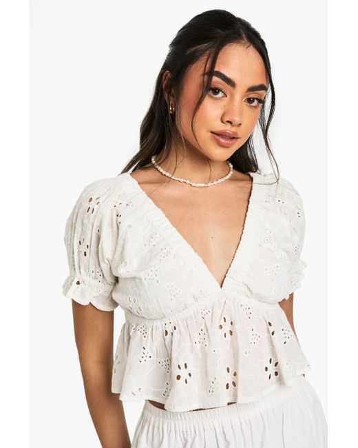 Boohoo White Broderie Smock Top