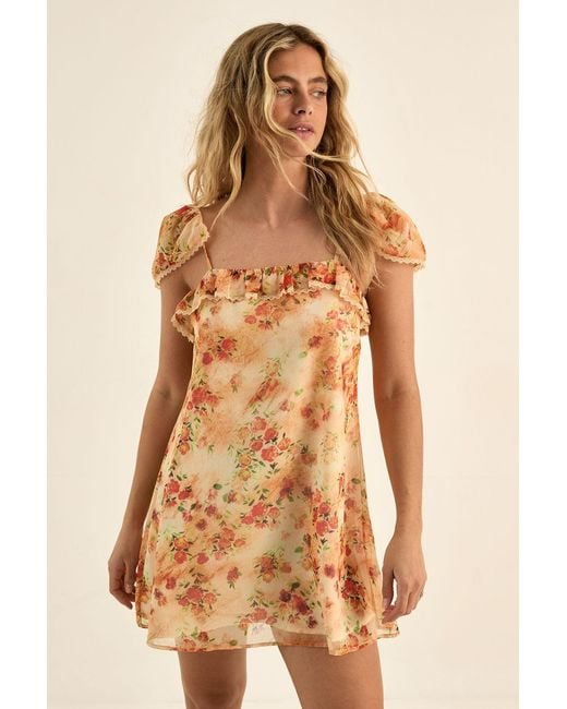 Nasty Gal Natural Ditsy Blurred Floral Chiffon Cap Sleeve Lace Trim Mini Dress