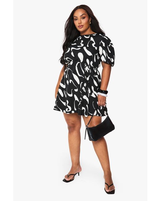 Boohoo Black Plus Abstract Puff Sleeve Skater Dress