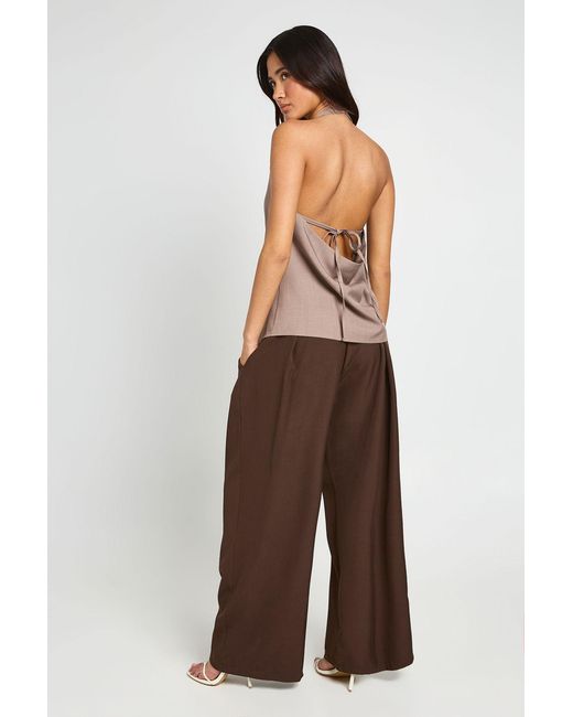 Boohoo Brown Tie Panel Detail Wide Leg Tailored Trousers