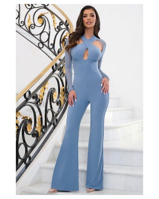 Club L London Show Up Blue Wrap Front Jumpsuit With Mesh Sleeves