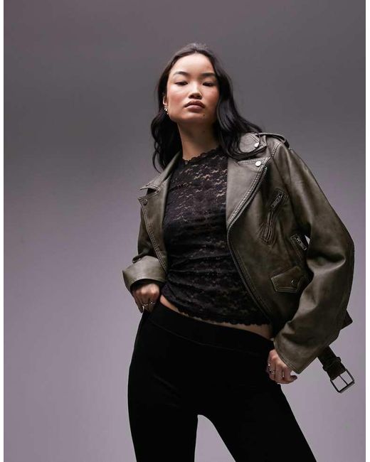 TOPSHOP Gray Faux Leather Biker Jacket