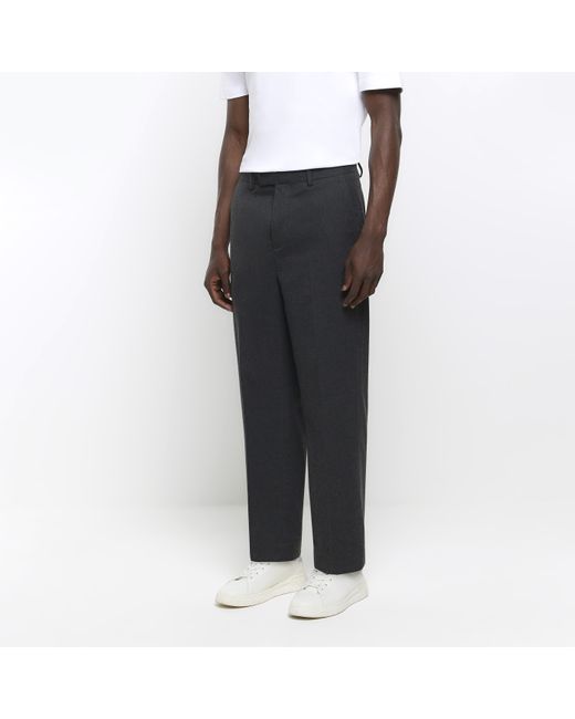 River Island Black Smart Trousers Tapered Fit Flannel Cotton for men