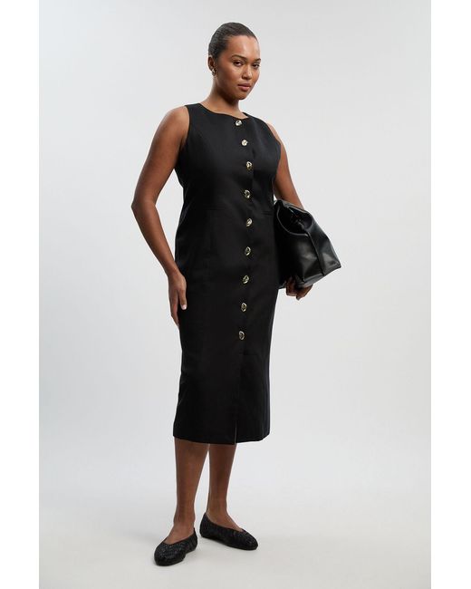 Karen Millen Black Plus Size Tailored Linen Statement Button Front Pencil Midi Dress