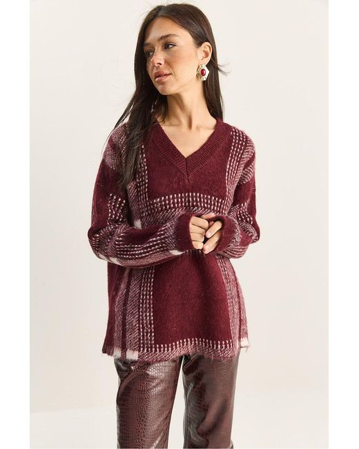 Bianco Lucci Red Plaid V-Neck Long Sleeve Knit Sweater