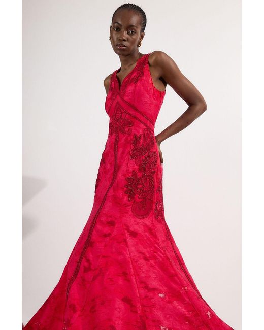 Karen Millen Red Burnout Embellished And Beaded Open Back Woven Maxi Dress