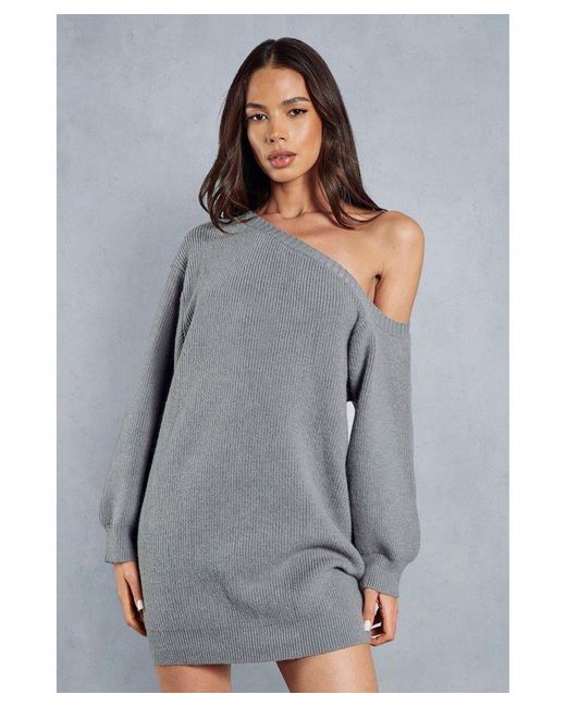MissPap Gray Knitted Oversized Off The Shoulder Jumper Dress
