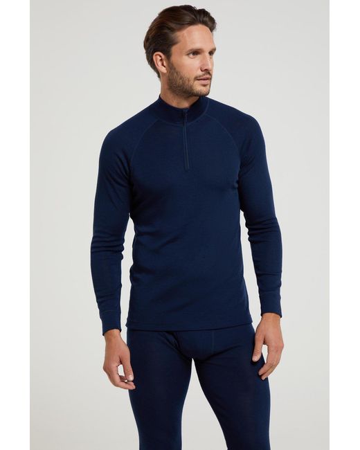 Mountain Warehouse Blue Merino Baselayer Top Long Sleeve Thermal High Wicking Breathable Sweater Wool for men