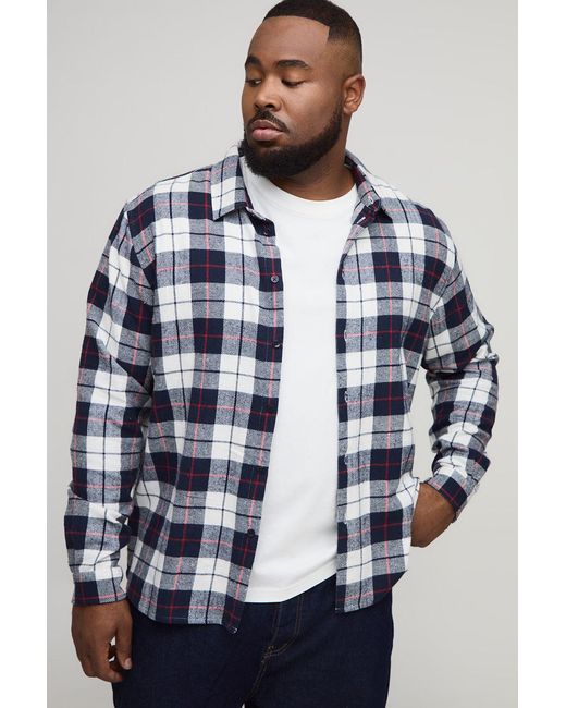 BoohooMAN Blue Plus Regular Fit Brushed Checked Shirt for men