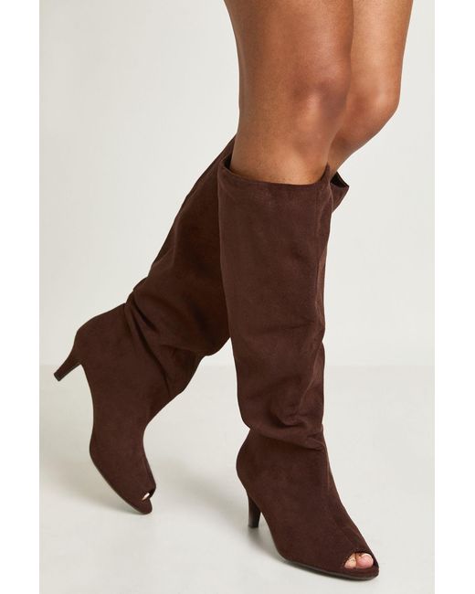 Boohoo Brown Faux Suede Peep Toe Low Stiletto Knee High Boots