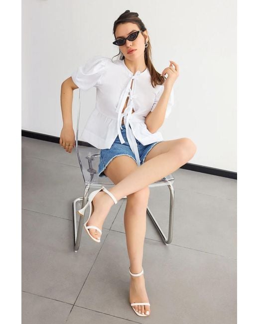 Hiccup Blue Tie-Up Neck Blouse With Puff Sleeves