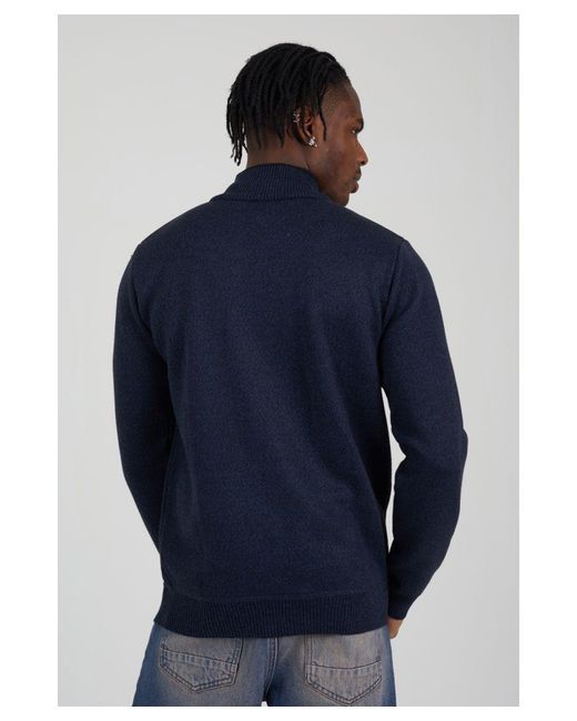 Brave Soul Blue Quarter Zip Funnel Neck Rib Knit Jumper With Stripe Detail for men