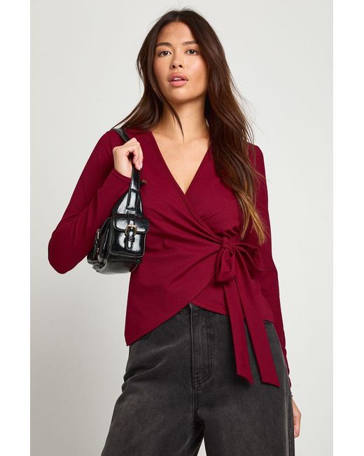 Boohoo Red Wrap Front Tie Waist Top