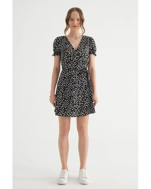 Hiccup Black Floral Surplice Neck Puff Sleeves Mini Dress With A Drawstring