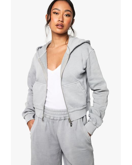 Boohoo Gray Washed Exposed Seam Shrunken Zip Through Hoodie