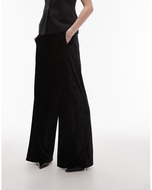 TOPSHOP Black Crushed Velvet Wide Leg Trouser With Skinny Waistband