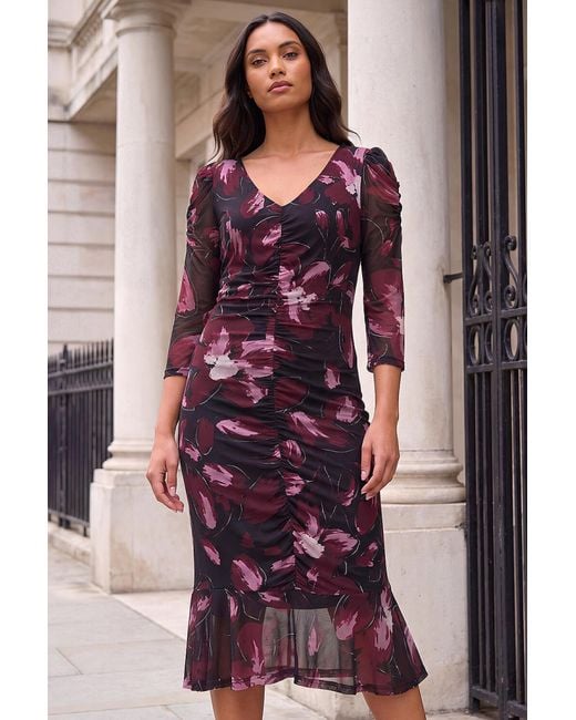 Roman Purple Ruched Floral Dr