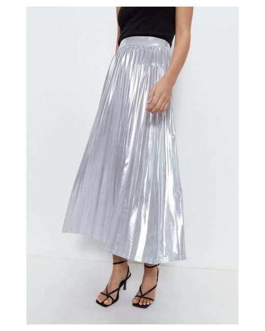 Warehouse White Metallic Lame Pleated Midi Skirt