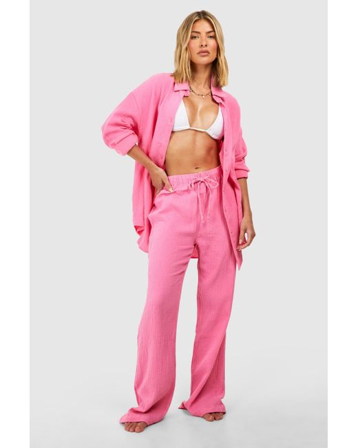 Boohoo Pink Crinkle Cotton Wide Leg Beach Trousers
