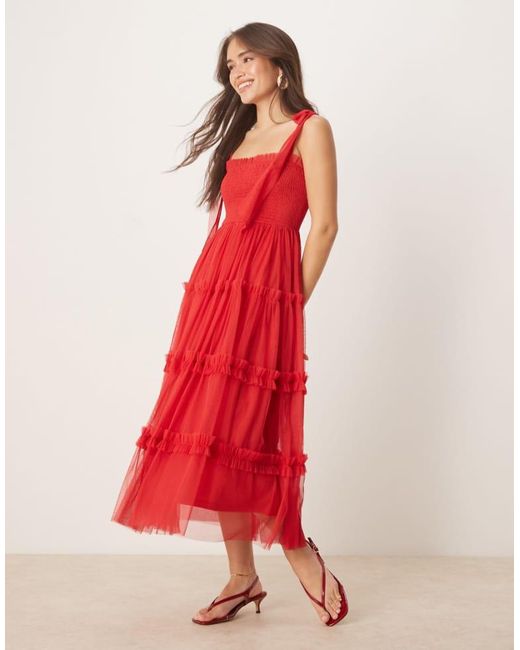 LACE & BEADS Red Bow Shoulder Ruffle Midi Dress