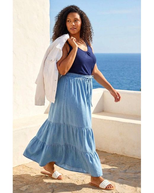 Roman Blue Curve Tiered Woven Maxi Skirt