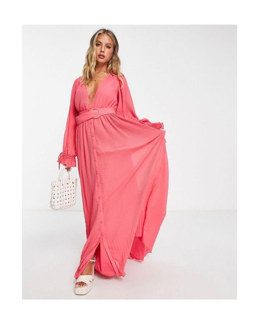 ASOS Pink Pleated Blouson Sleeve Maxi Dress With Belt Detail