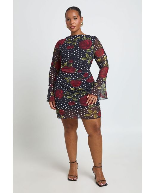 Boohoo Red Plus Slash Neck Mixed Rose Print Flare Sleeve Mini Dress