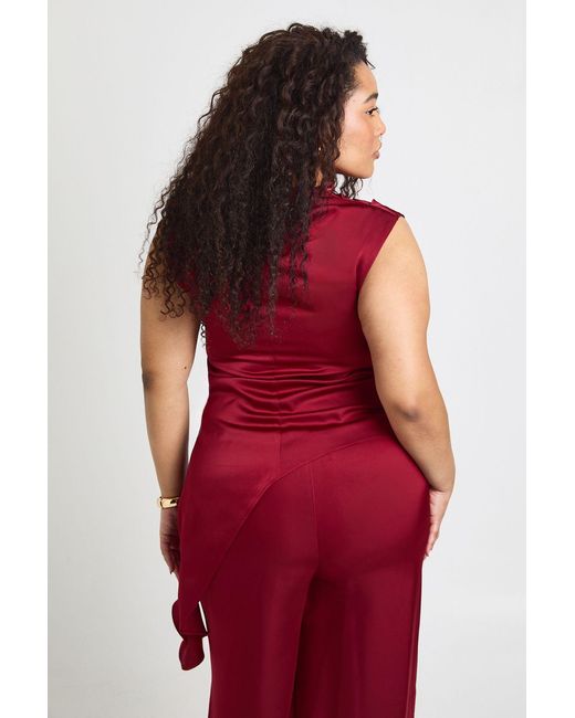 Boohoo Red Plus Satin High Cowl Asym Hem Top