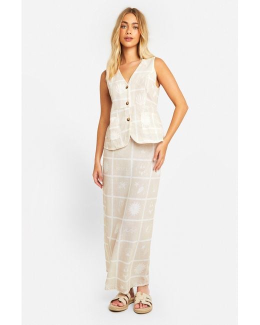 Boohoo White Linen Look Tile Print Waistcoat & Column Maxi Skirt