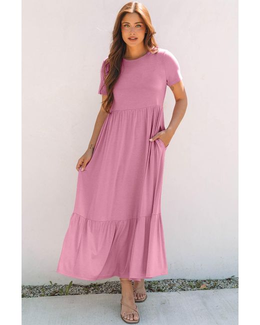 Azura Exchange Pink Einfarbiges T-Shirt Hohe Taille Mit Taschen Langes Kleid
