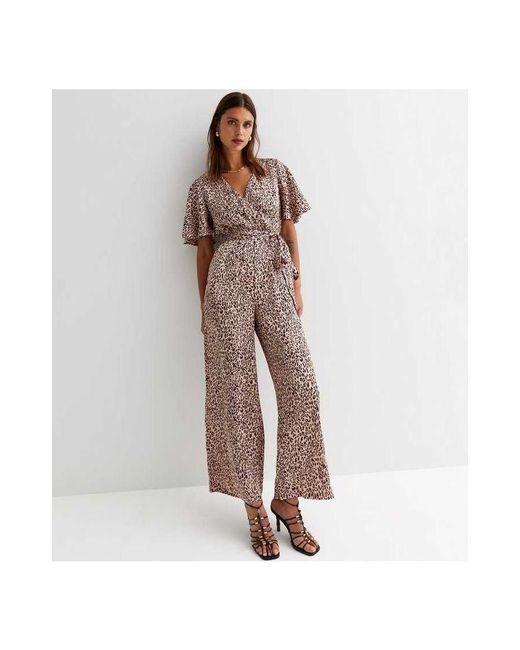 Gini London Brown Satin Animal Angel Sleeves Wrap Jumpsuit