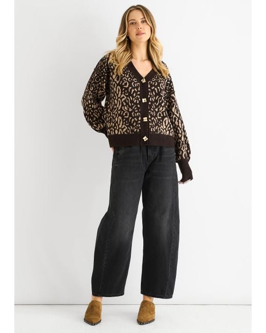 Gini London Black Schokoladenfarbiger Animal-Print-Wollmix-Cardigan-Look-Pullover