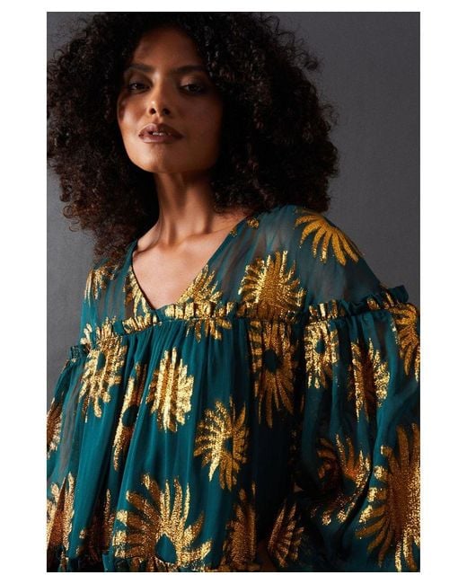 Warehouse Black Sun Metallic Jacquard Frill Detail Mini Smock Dress