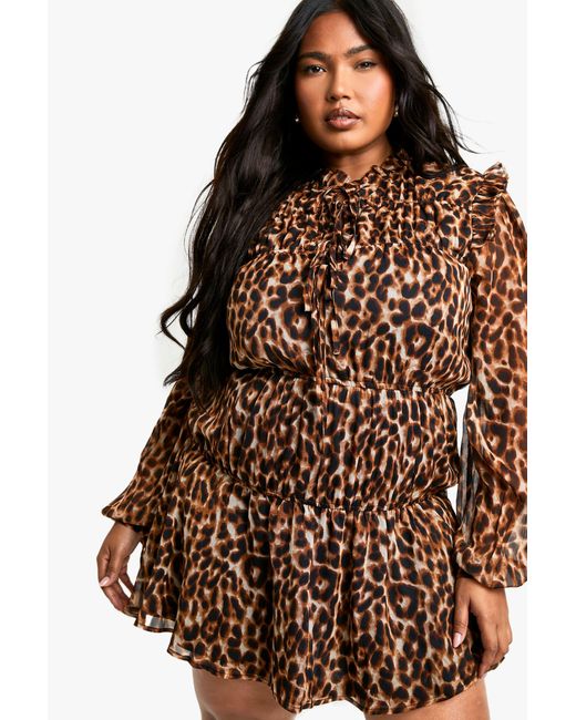 Boohoo Brown Plus Leopard Tie Front Smock Dress