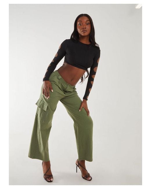 Pink Vanilla Green Ribbed Long Sleeve Cut Out Top