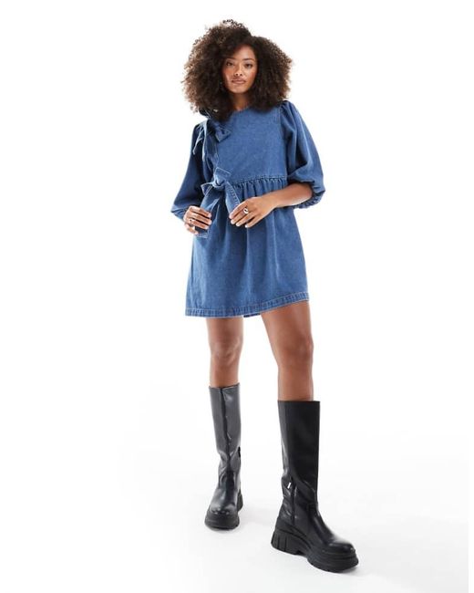 ASOS Blue Denim Bow Asymmetrical Bow Dress