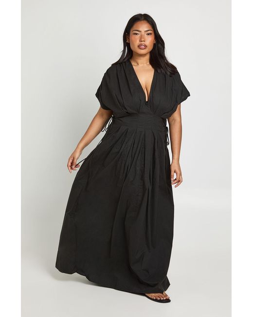 Boohoo Black Plus Cotton Poplin Ruched Tie Waist Detail Maxi Dress