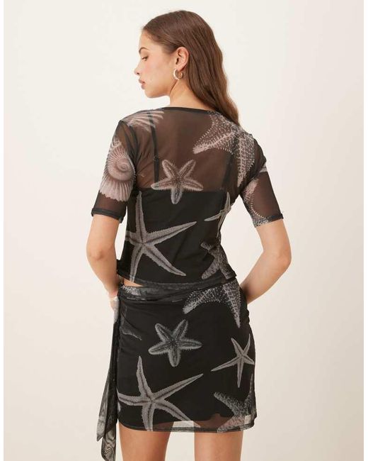 Never Fully Dressed Black Seashell Print Mesh T-Shirt Co-Ord