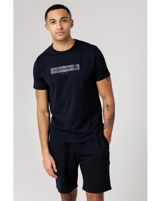 French Connection Blue Cotton Chest Patch T-Shirt And Shorts Co Ord Set for men