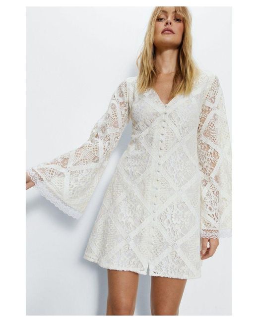 Warehouse White Lace Covered Button Flared Sleeve Mini Dress