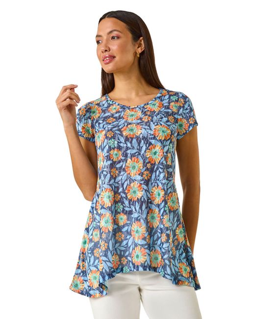 Roman Blue Floral Burnout Print Tunic Top