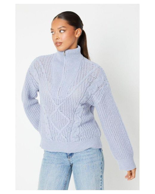 Dorothy Perkins Blue Cable Detail Half Zip Knitted Jumper