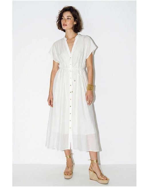 Bianco Lucci White A-Line Midi Dress With V-Neck And Buttons