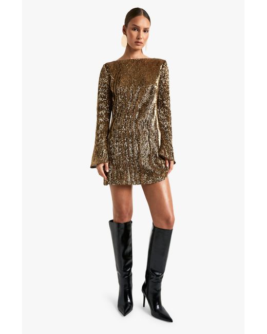 Boohoo Natural Scoop Back Flare Sleeve Mini Dress